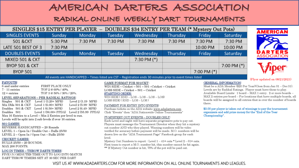 ADA Weekly Tournament Schedule 08.21.21